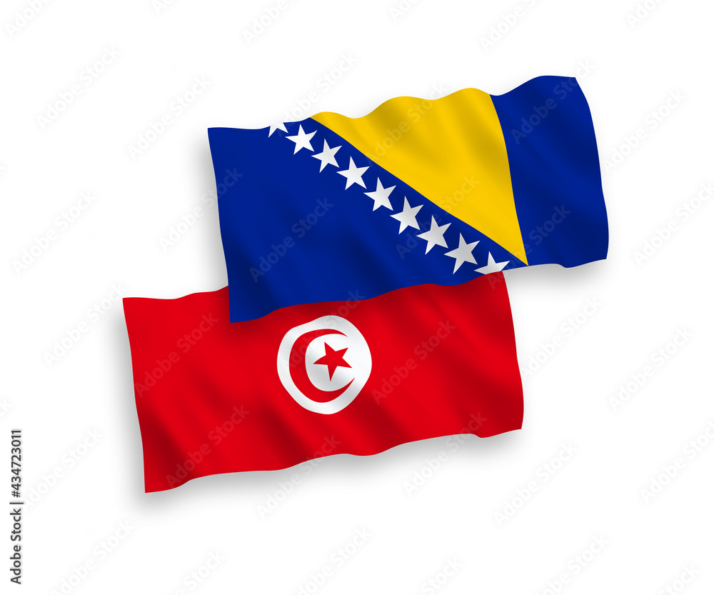 National vector fabric wave flags of Republic of Tunisia and Bosnia and Herzegovina isolated on white background. 1 to 2 proportion.