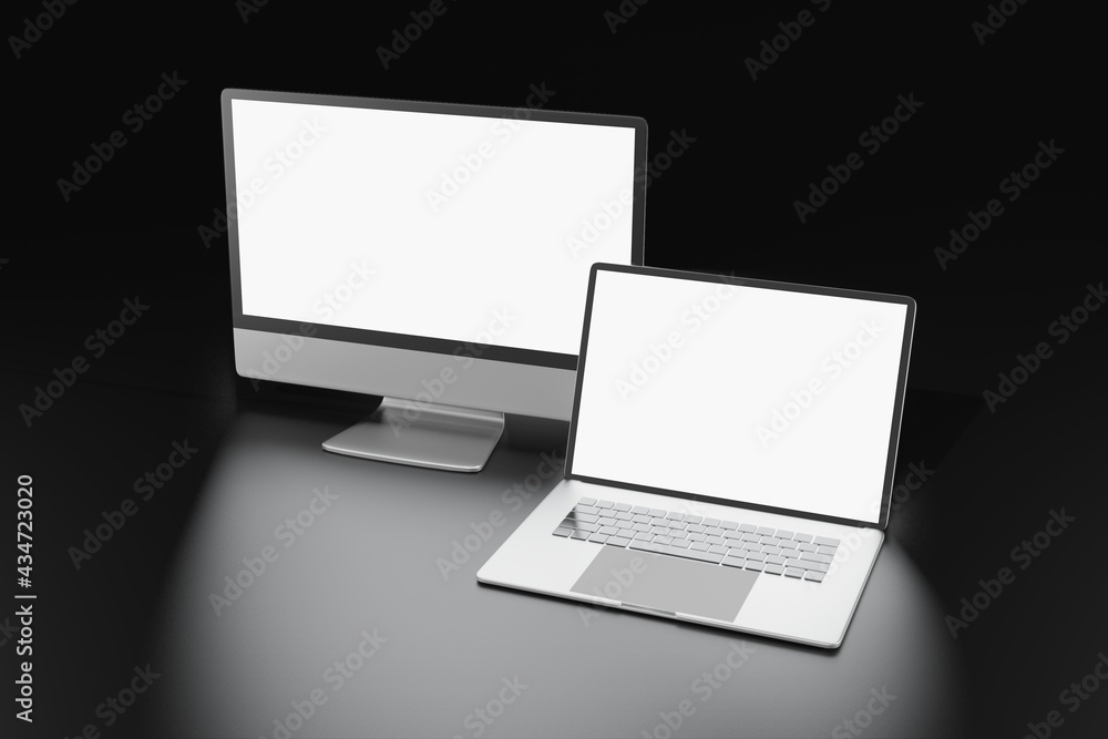 3d rendering illustration of laptop computer with screen monitor mockup. office work equipment stuff. copy space for advertising 3d rendering illustration of laptop computer with screen monitor mockup. office work equipment stuff. copy space for advertising