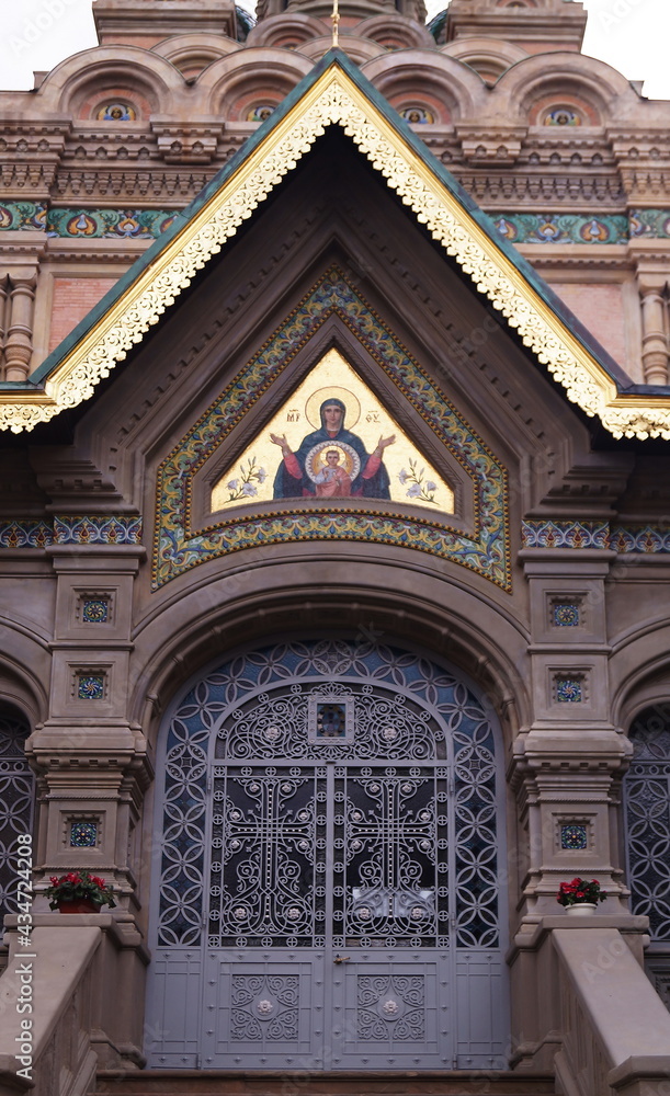 Mosaic on the entrance door of the Russian Orthodox Church of the Nativity in Florence, Italy