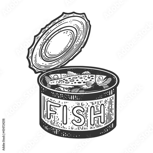 Canned fish line art sketch engraving vector illustration. T-shirt apparel print design. Scratch board imitation. Black and white hand drawn image.