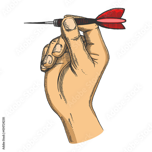 Hand with dart color line art sketch engraving vector illustration. T-shirt apparel print design. Scratch board imitation. Black and white hand drawn image.