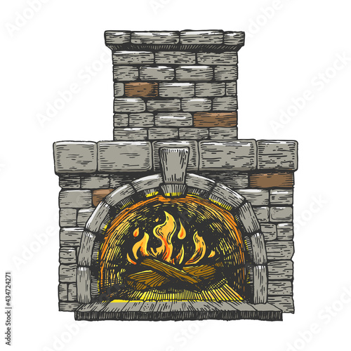 Fire in the fireplace line art color sketch engraving vector illustration. T-shirt apparel print design. Scratch board imitation. Black and white hand drawn image.