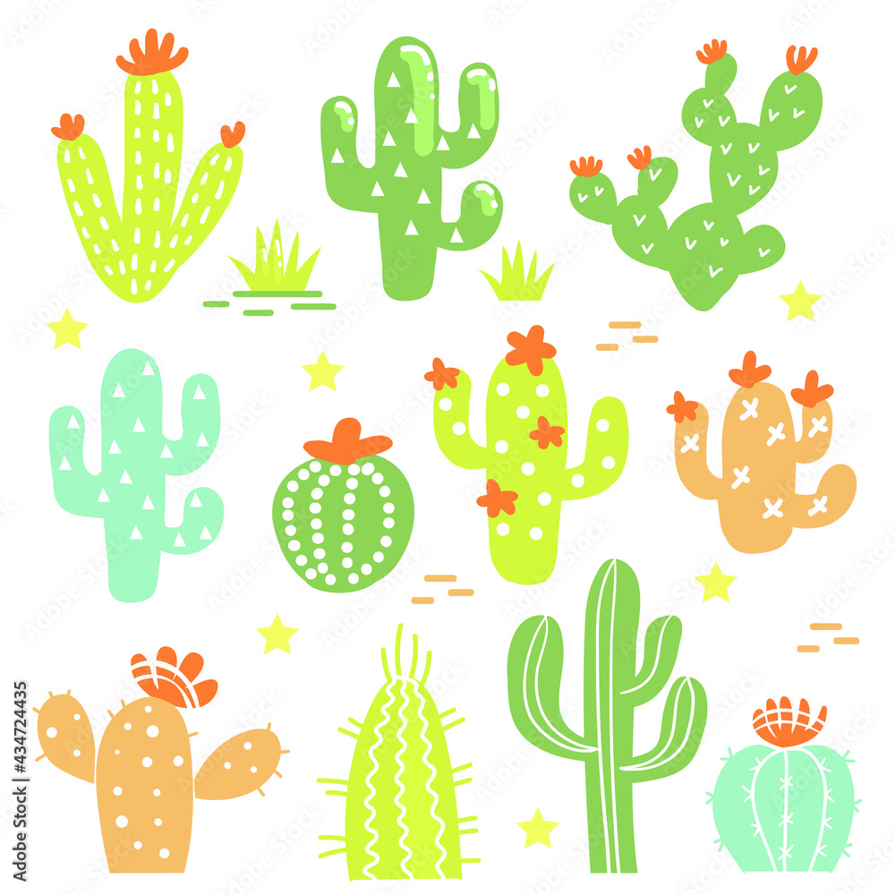 Fototapeta premium Cactuses set isolated. Vector set color cactuses, cacti, aloe hand drawn tender colors illustration isolated on white