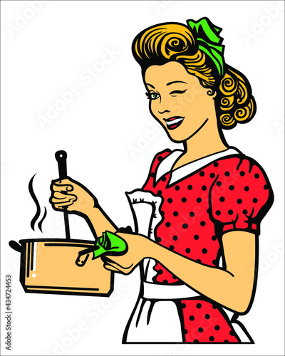 Retro young woman in retro clothes cooking soup in her kitchen room isolated on white for print.