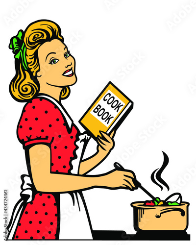 Retro young woman in retro clothes cooking soup in her kitchen room isolated on white for print.