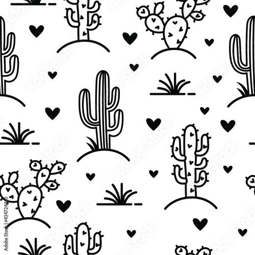 Cactuses seamless pattern. Vector silhouette of cactuses and succulents in outline graphic style color isolated on white background. 