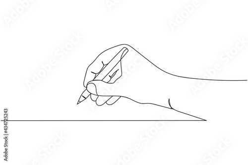 Continuous one line of hand with a pencil in silhouette. Linear stylized. Minimalist.