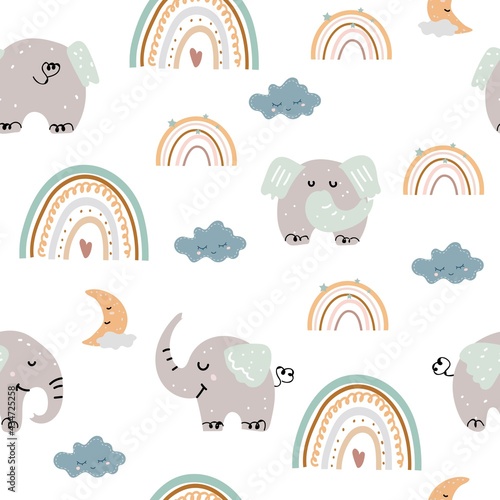 Photography Seamless pattern with elephants and boho rainbows