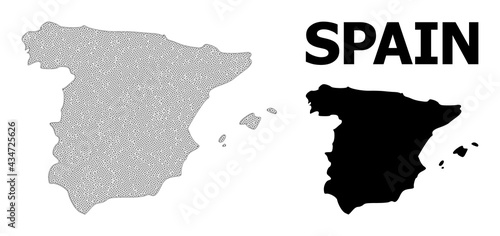Polygonal mesh map of Spain in high resolution. Mesh lines, triangles and dots form map of Spain. High resolution wire frame carcass polygonal line network in vector format on a white background.