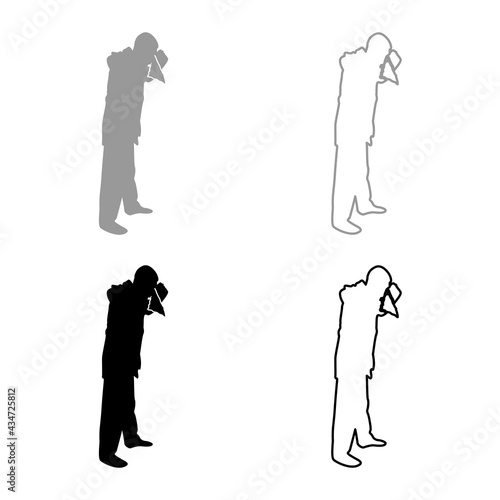Man is blow one's nose into handkerchief tissue paper Cough Rhinitis Allergies concept Sneezing Runny nose Snot highlighted Male smoky blowing orcue Hay fever silhouette grey black color vector 