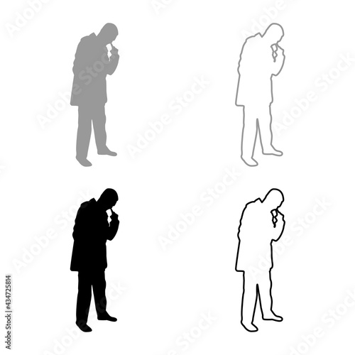 Man poking in nose use finger Male cleans nasal passages silhouette grey black color vector illustration solid outline style image