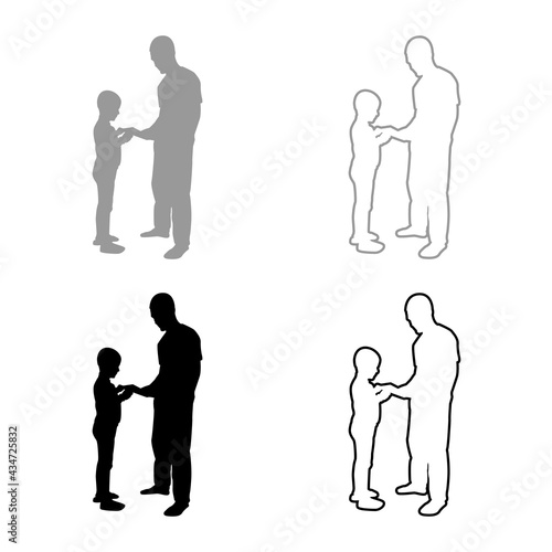 Man transmits thing to boy Father Male give book gadget smartphone son children take something Dad relationship Family concept Child friendship toddler daddy silhouette grey black color vector 