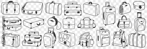 Suitcase traveling luggage doodle set. Collection of hand drawn various suitcases of different shapes and styles for trips in rows isolated on transparent background  photo