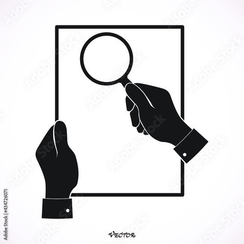 Hand holding magnifier and paper document. Business concept. Reading, viewing and studying. Search for information. Vector illustration flat design.