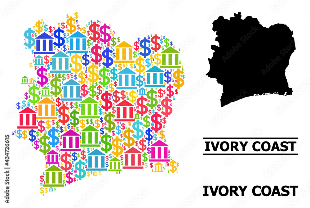 Obraz premium Colorful finance and money mosaic and solid map of Ivory Coast. Map of Ivory Coast vector mosaic for promotion campaigns and promotion.