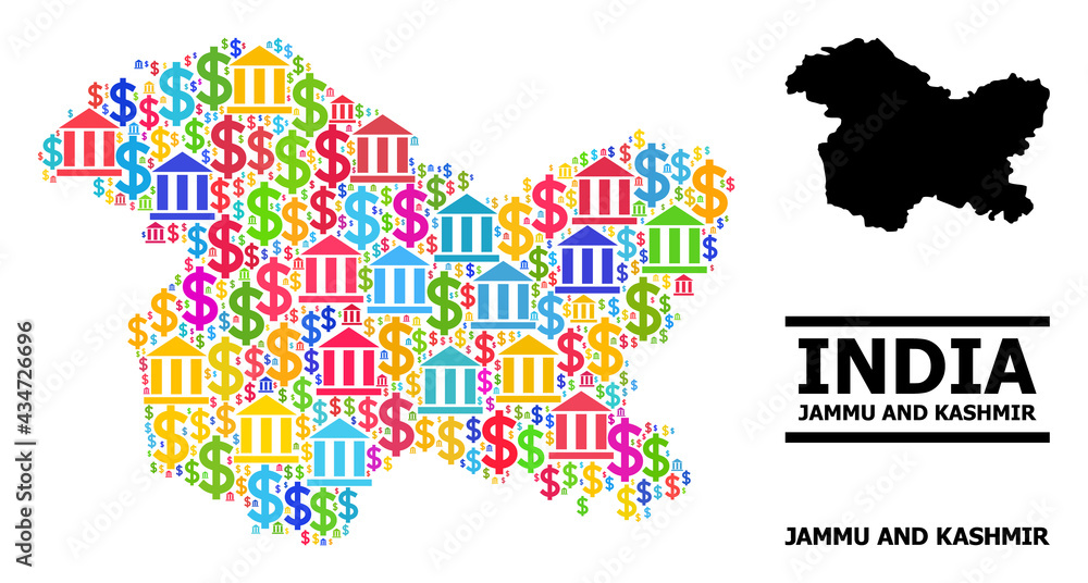 Fototapeta premium Colored financial and dollar mosaic and solid map of Jammu and Kashmir State. Map of Jammu and Kashmir State vector mosaic for business campaigns and promotion.
