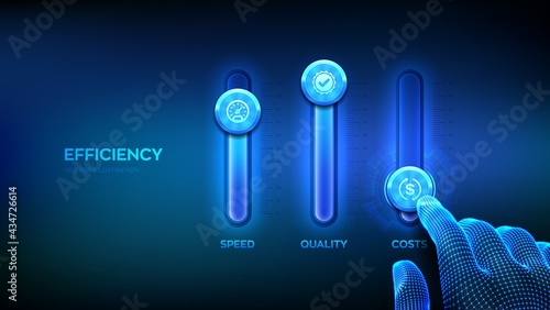 Efficiency concept. Business process control panel for quality, speed and costs. Wireframe hand adjust a efficiency levels mixer. Mixing console. Development and growth business. Vector illustration. photo