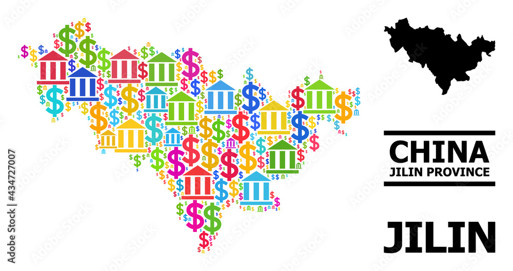 Obraz premium Multicolored bank and commerce mosaic and solid map of Jilin Province. Map of Jilin Province vector mosaic for GDP campaigns and posters.