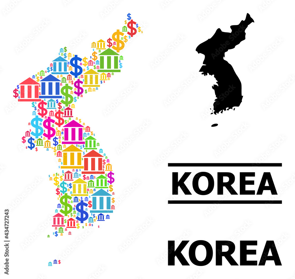 Colorful bank and business mosaic and solid map of Korea. Map of Korea vector mosaic for ads campaigns and doctrines. Map of Korea is composed with colorful bank and dollar ojects.