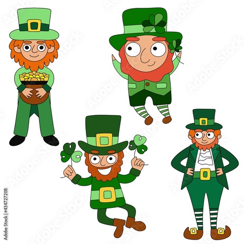 Cartoon hand-drawn four leprechauns white isolated set stock vector illustration. Happy four different fairy tale characters leprechauns in green clothes. One of a series