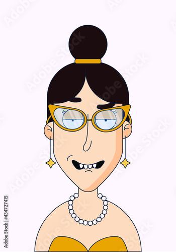 Cartoon image of a rich woman in expensive jewelry and pearls. Vector illustration in a flat style. A lady of the court at a ball