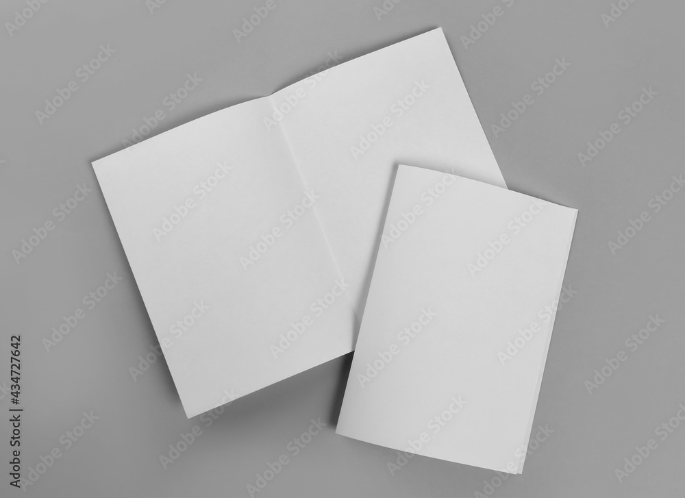Blank paper brochures on light grey background, flat lay. Mockup for design Blank paper brochures on light grey background, flat lay. Mockup for design