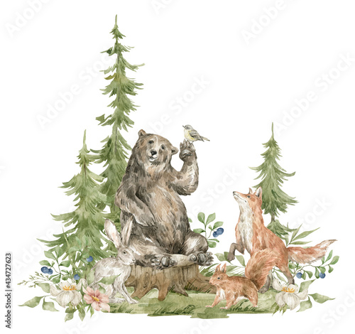 Watercolor forest landscape. Trees  field  stump  fir-trees  wild animals. Brown bear  fox  hare  squirrel  berries  meadow flowers. Summer woodland  nature scene  valley