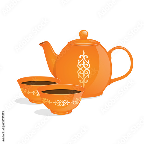 Tea ceremony set. Ceramic teapot and cup bowls of black tea. Isolated. Vector illustration