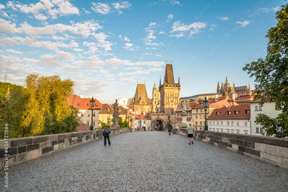 Fototapeta premium View of Prague, Charles bridge, Vltava river, St. Vitus cathedral on a sunny day