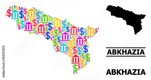 Colored bank and dollar mosaic and solid map of Abkhazia. Map of Abkhazia vector mosaic for geographic campaigns and promotion. Map of Abkhazia is created from colored bank and dollar parts.