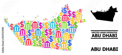 Multicolored bank and dollar mosaic and solid map of Abu Dhabi Emirate. Map of Abu Dhabi Emirate vector mosaic for GDP campaigns and agitprop.