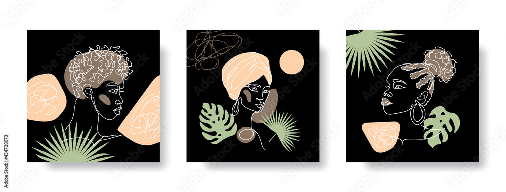 Black people social media templates for stories. Afro women, african girls with tropical palm tree leaves on black background. Vector set for wall art decor