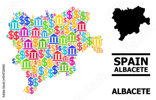 Bright colored bank and commercial mosaic and solid map of Albacete Province. Map of Albacete Province vector mosaic for GDP campaigns and propaganda.