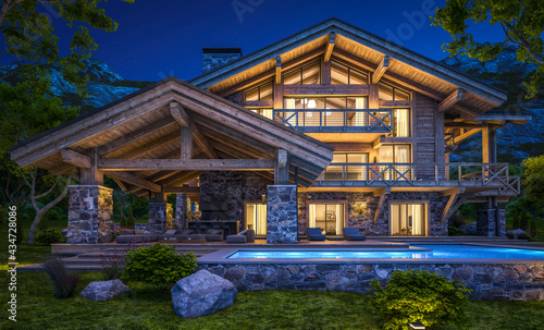3d rendering of modern cozy chalet with pool and parking for sale or rent. Beautiful forest mountains on background. Massive timber beams columns. Clear summer night with many stars on the sky. © korisbo