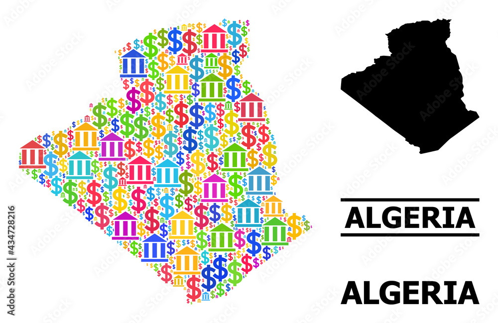 Colored bank and dollar mosaic and solid map of Algeria. Map of Algeria vector mosaic for business campaigns and purposes. Map of Algeria is composed from multicolored bank and dollar ojects.