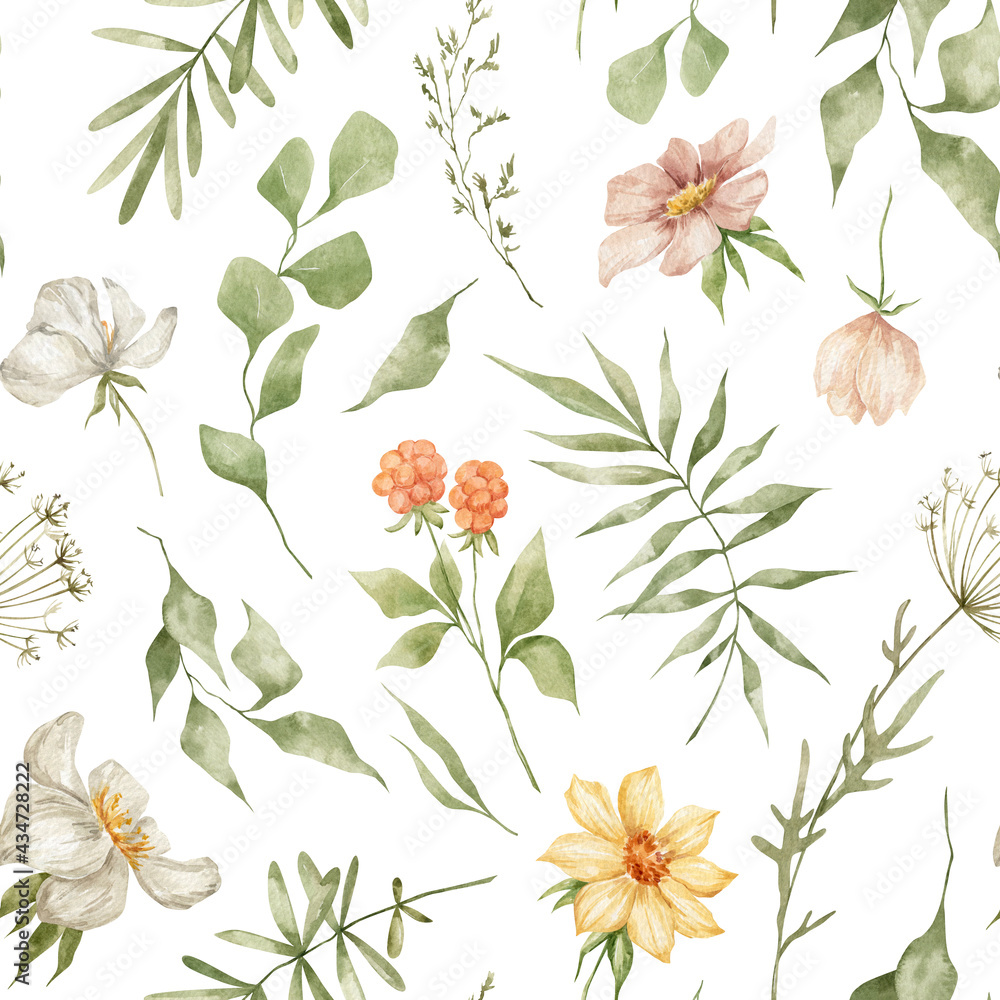 Watercolor seamless pattern with green leaves, summer flowers and cloudberry berries. Elegant sumer flora. Botanical background. 