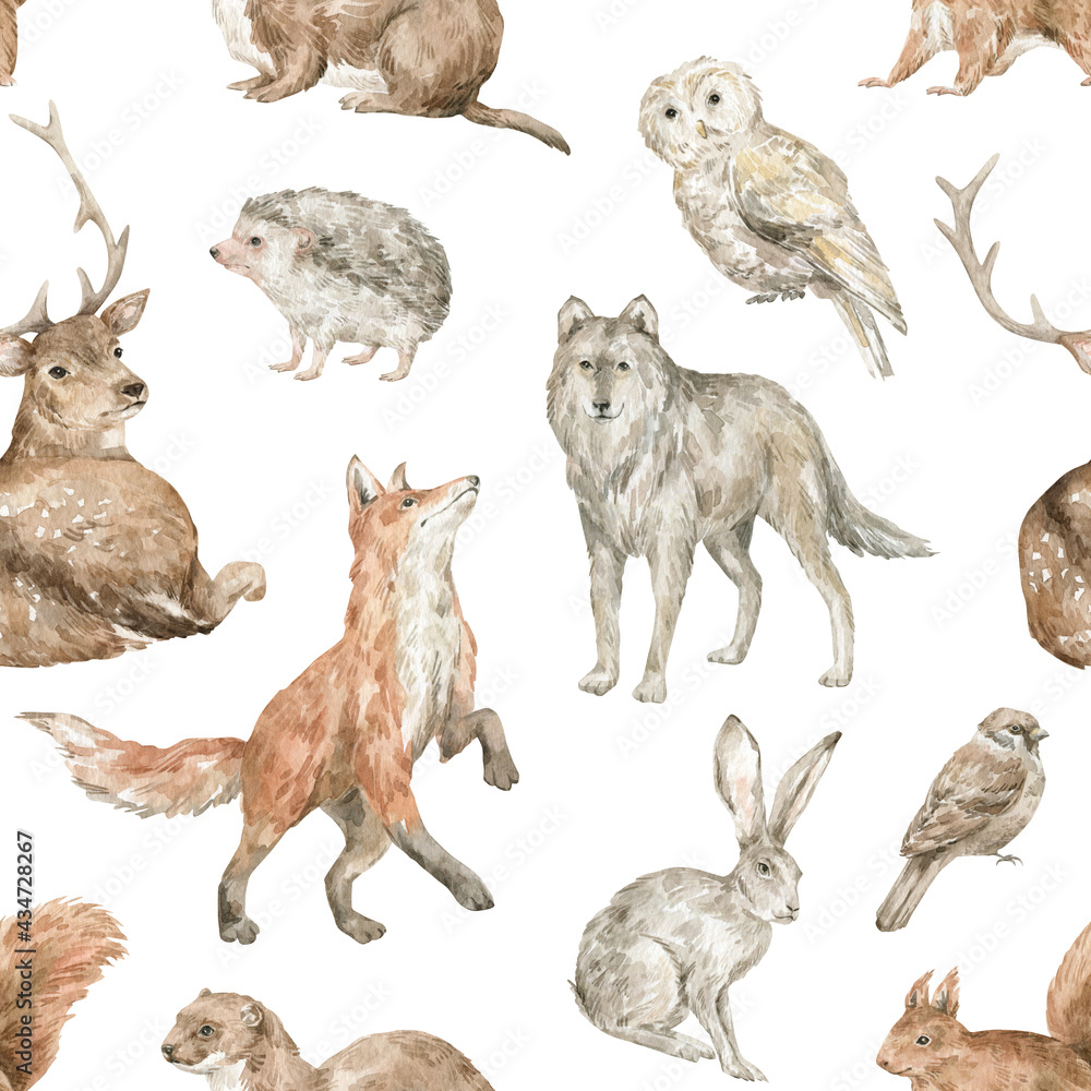 Fototapeta premium Watercolor seamless pattern with wild forest animals. Deer, fox, wolf, hare, squirrel, owl, birds, hedgehog, weasel. Woodland wildlife. 