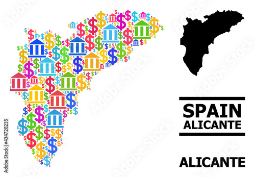 Bright colored finance and dollar mosaic and solid map of Alicante Province. Map of Alicante Province vector mosaic for advertisement campaigns and proclamations.