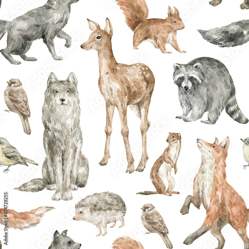 Photography Watercolor seamless pattern with wild forest animals