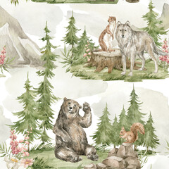 Fototapete Waldtiermuster Wildtiere und Wildblumen im Bergwald  © Kate K.