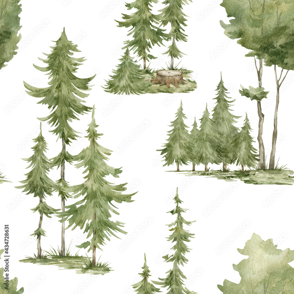Watercolor seamless pattern with forest green trees. Spruce, pine, aspen, tree stump, field, grass. Background with summer forest landsccape