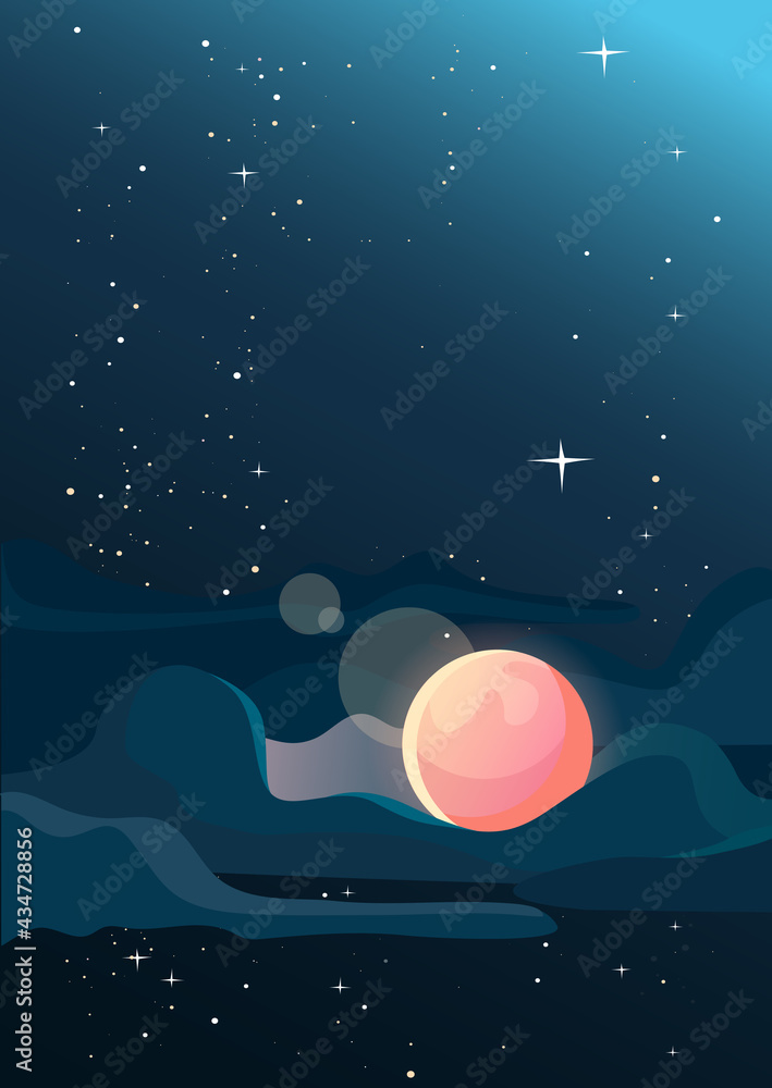 Starry sky with moon. Space landscape in vertical orientation.