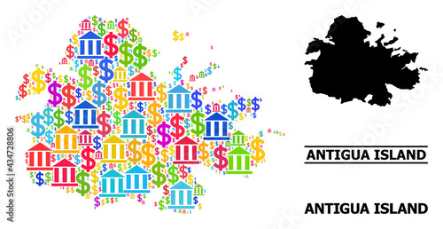 Colorful bank and dollar mosaic and solid map of Antigua Island. Map of Antigua Island vector mosaic for GDP campaigns and promotion.