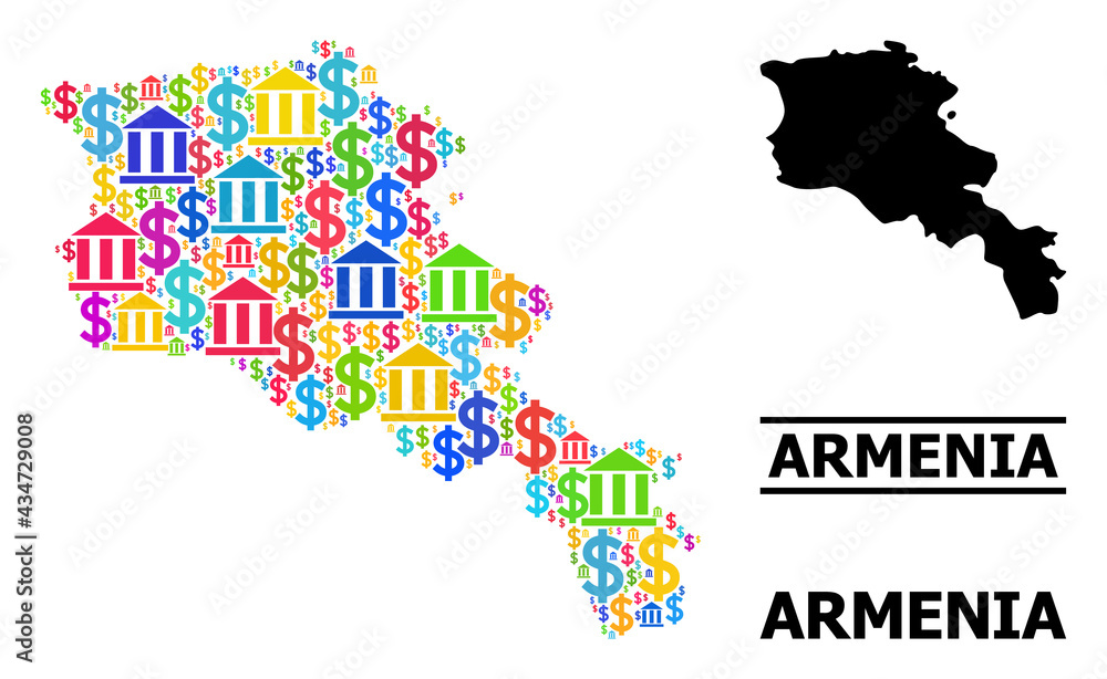 Bright colored bank and dollar mosaic and solid map of Armenia. Map of Armenia vector mosaic for geographic campaigns and purposes.