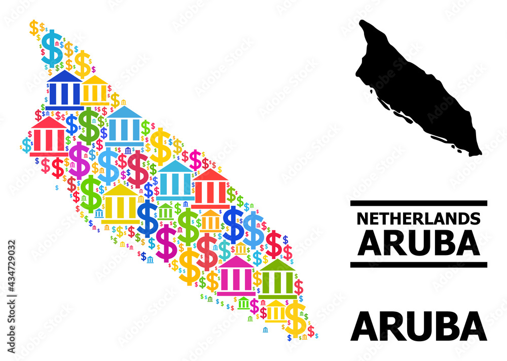Bright colored banking and money mosaic and solid map of Aruba Island. Map of Aruba Island vector mosaic for business campaigns and promotion.