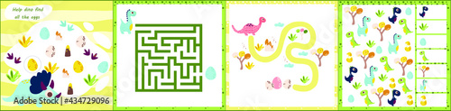 Mini games collections with dino for development. I spy. Maze. Colorful vector illustration in flat style. Dinosaur