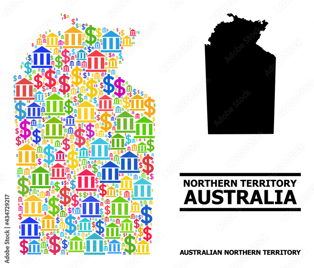 Colored bank and dollar mosaic and solid map of Australian Northern Territory. Map of Australian Northern Territory vector mosaic for business campaigns and applications.