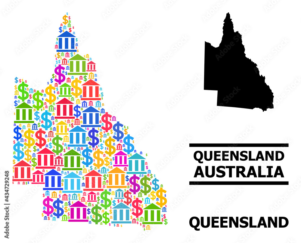 Bright colored bank and commerce mosaic and solid map of Australian Queensland. Map of Australian Queensland vector mosaic for advertisement campaigns and agitation.