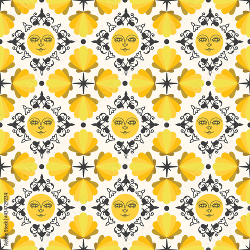 Traditional Motif with Anthropomorphic face and Sea Shells Vector Seamless Pattern