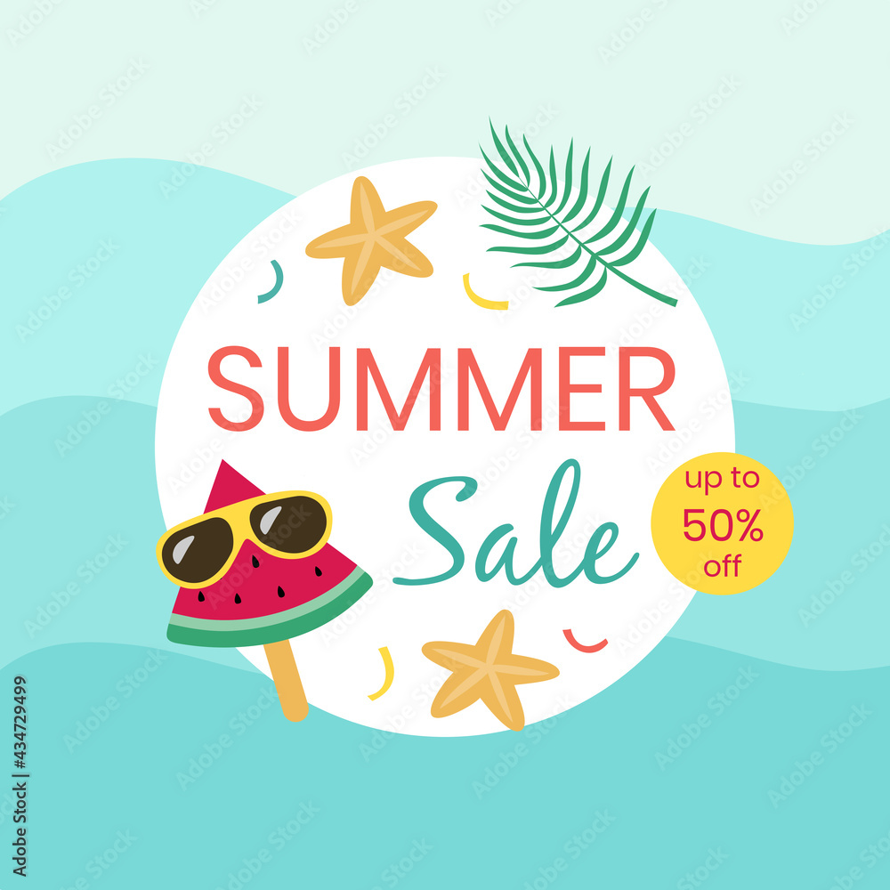 Blue banner of the summer sale in a round shape with bright elements. Vector illustration with watermelon, sunglasses tropical leaf and starfish on a sea background.  Template for design in a trendy 